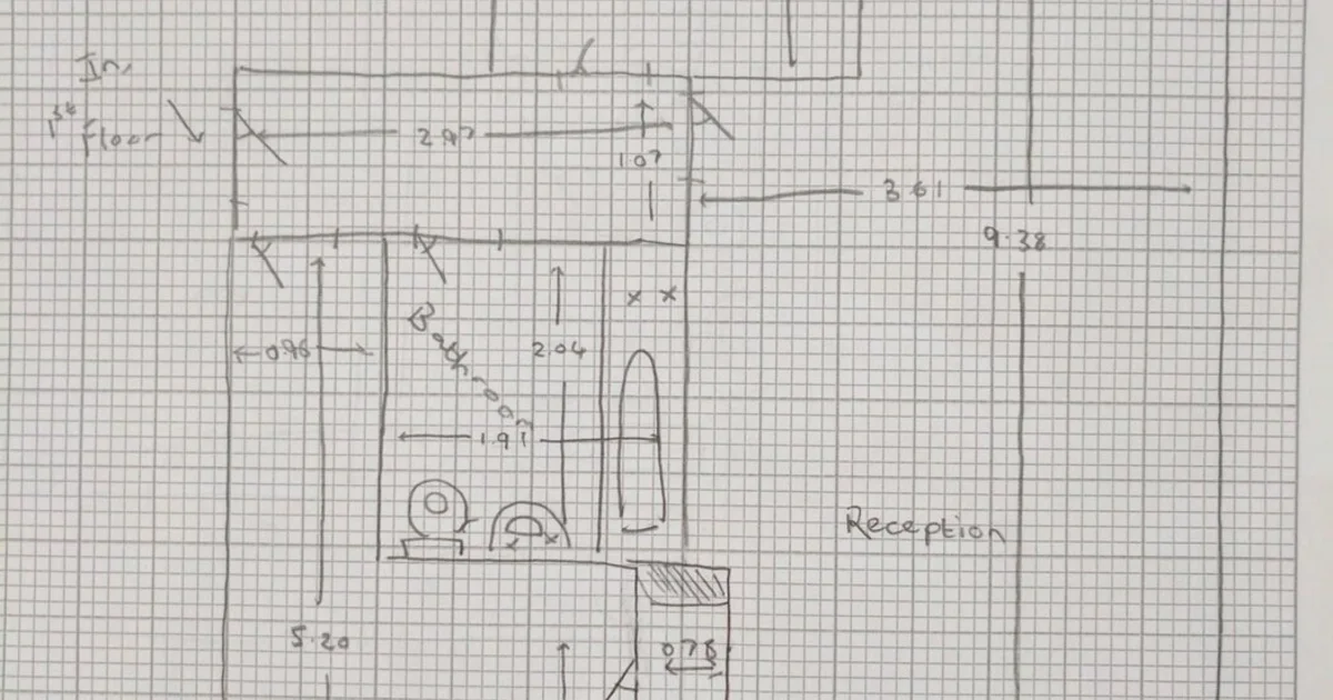 Hand-drawn viewing sketch with room measurements