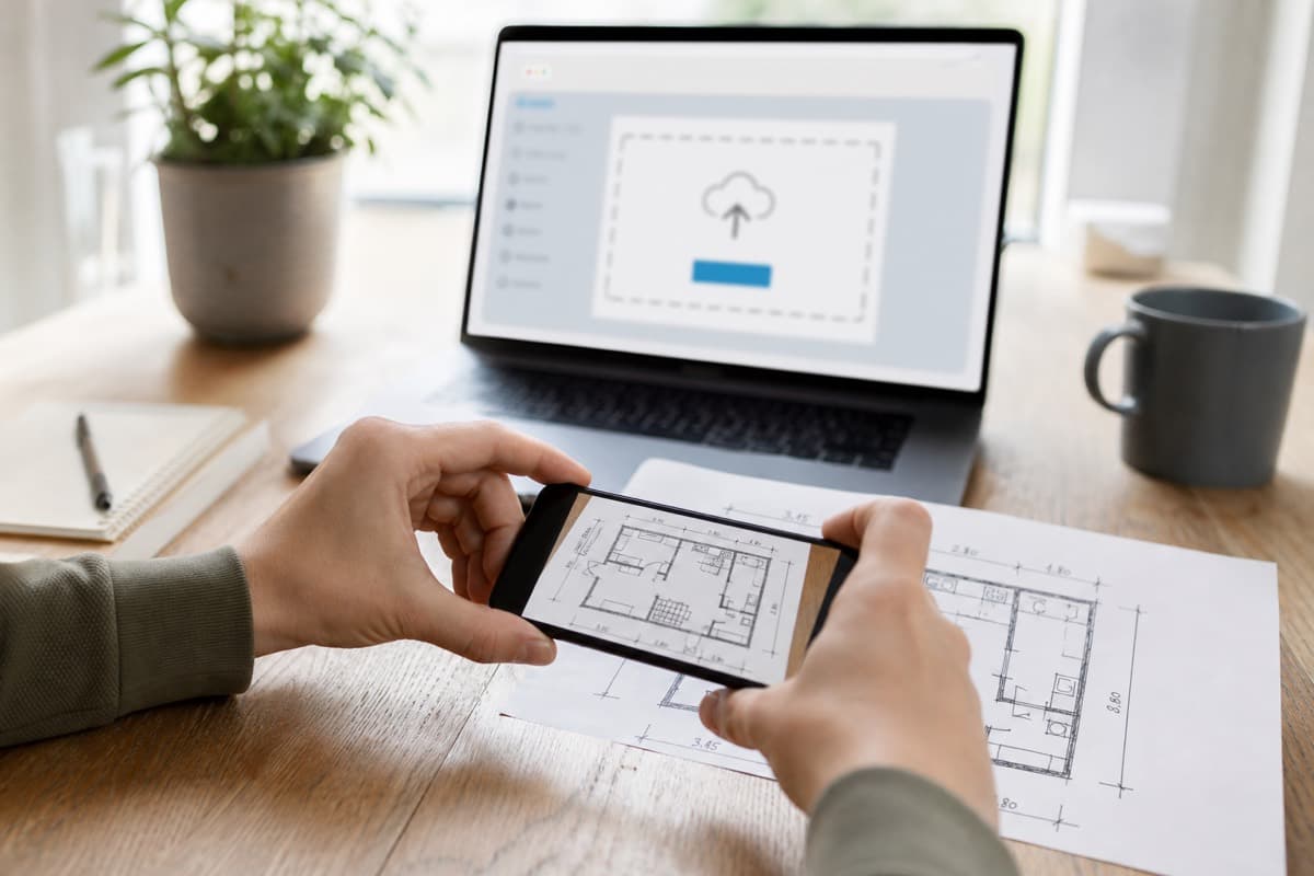 Sketch and measurements being uploaded to create a floor plan remotely