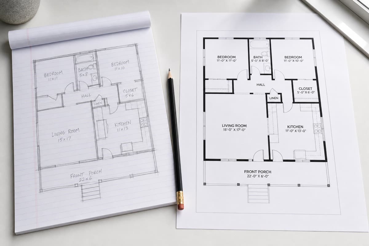 A hand-drawn sketch next to a finished professional floor plan